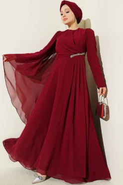 Side Draped Stone Chiffon Evening Dress Burgundy