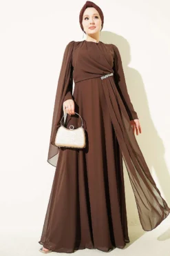 Side Draped Stone Chiffon Evening Dress Brown