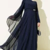Side Draped Stone Chiffon Evening Dress Navy Blue