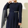 Side Draped Stone Chiffon Evening Dress Navy Blue - Afbeelding 2