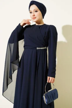 منظر بديل لـ Side Draped Stone Chiffon Evening Dress Navy Blue