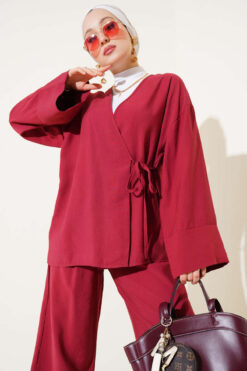 Alternative view of Side Tie Kimono Two-Piece Set Burgundy