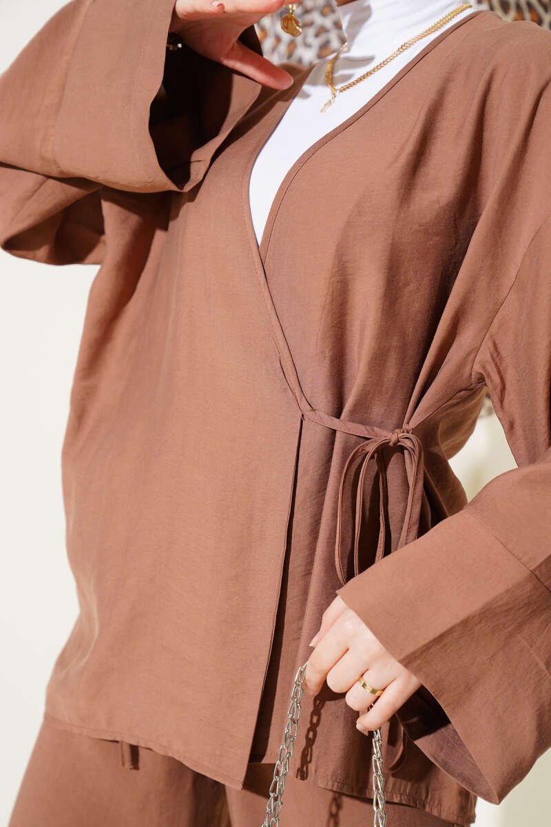 Side Tie Kimono Two-Piece Set Brown - Image 4