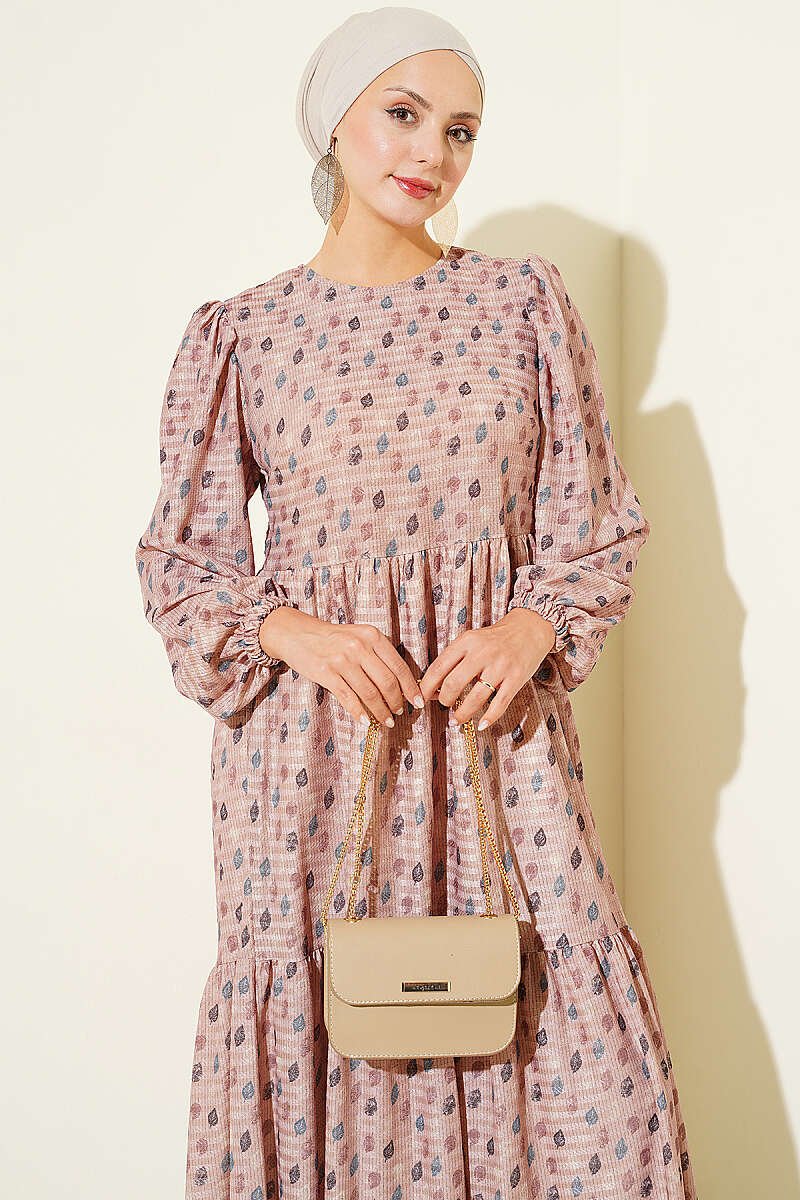 Leaf Print Flared Dress Latte - الصورة 2