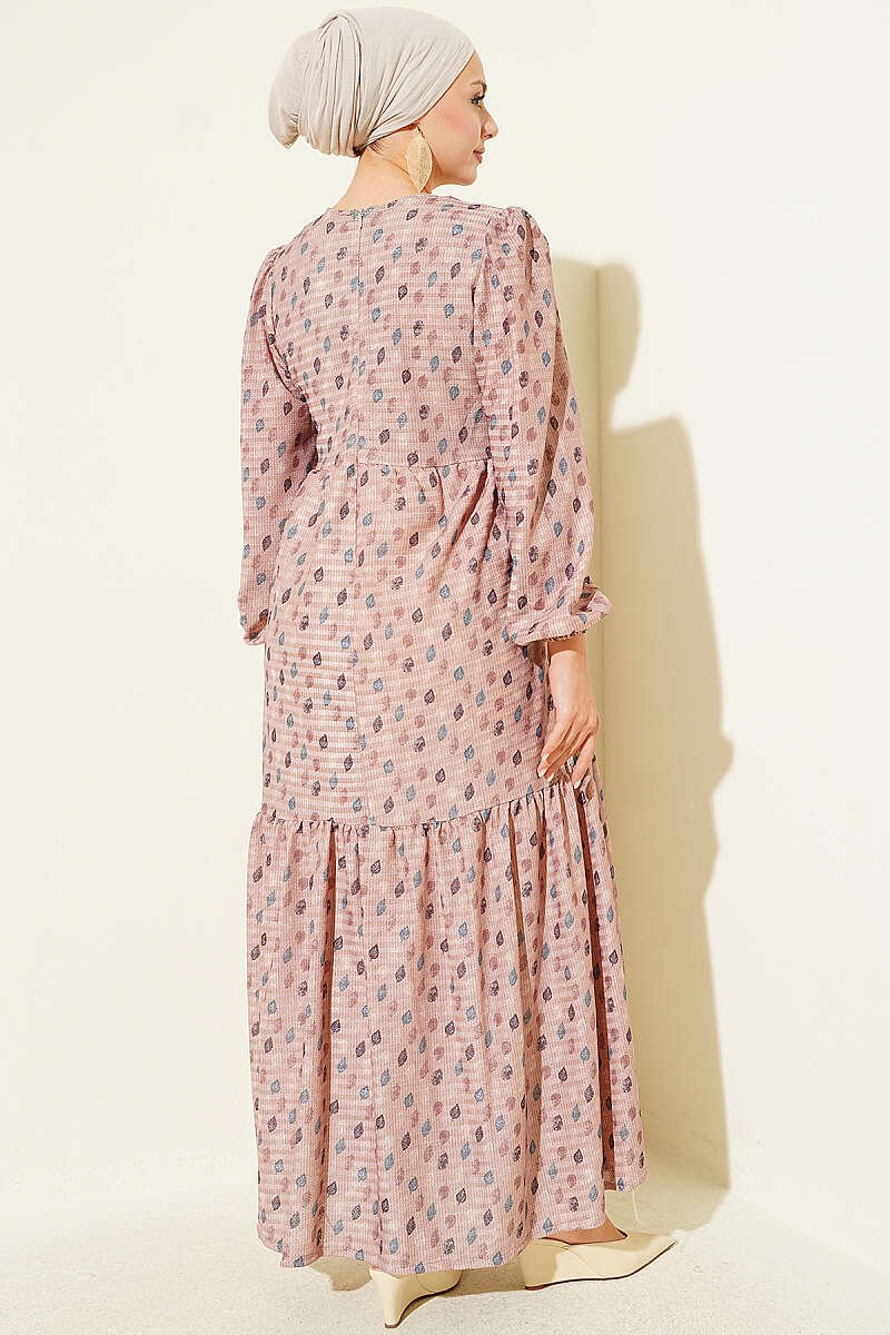 Leaf Print Flared Dress Latte - الصورة 3