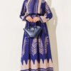 Leaf Pattern Belted Dress Navy Blue