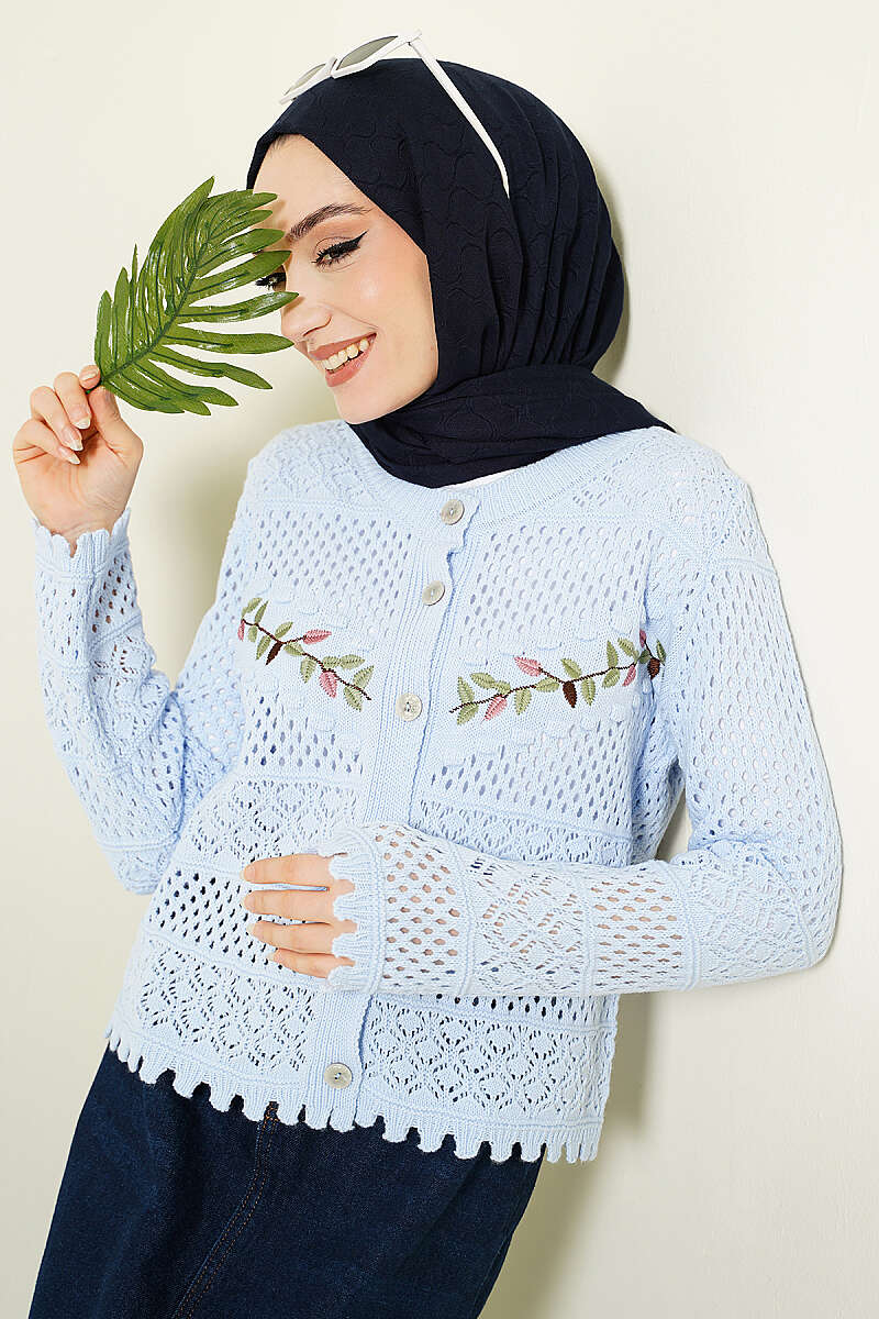Leaf Embroidered Openwork Short Knit Cardigan Baby Blue