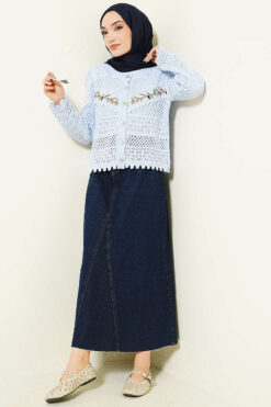 Alternative view of Leaf Embroidered Openwork Short Knit Cardigan Baby Blue