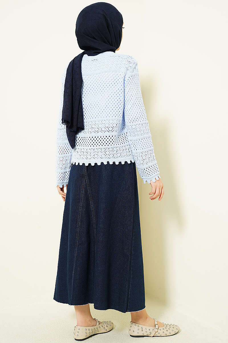 Leaf Embroidered Openwork Short Knit Cardigan Baby Blue - Afbeelding 3