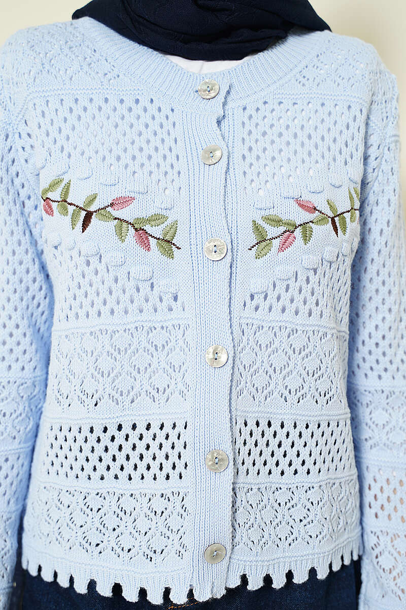 Leaf Embroidered Openwork Short Knit Cardigan Baby Blue - Afbeelding 4