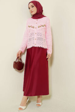 Alternative view of Leaf Embroidered Openwork Short Knit Cardigan Pink