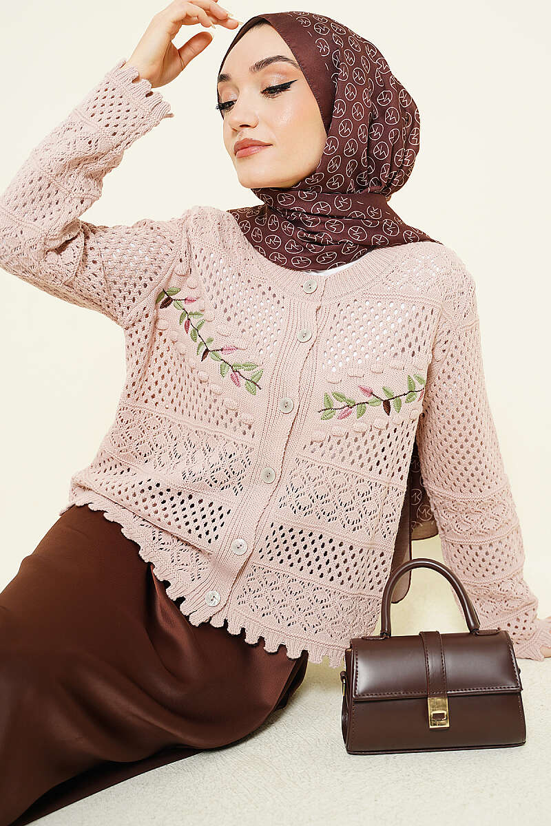 Leaf Embroidered Openwork Short Knit Cardigan Powder Pink
