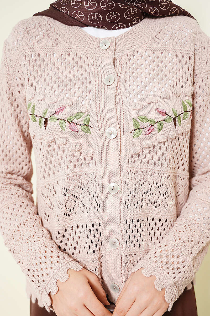 Leaf Embroidered Openwork Short Knit Cardigan Powder Pink - Imagen 4