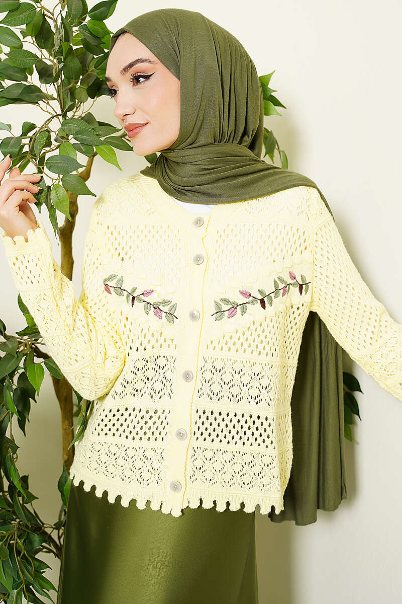 Leaf Embroidered Openwork Short Knit Cardigan Yellow