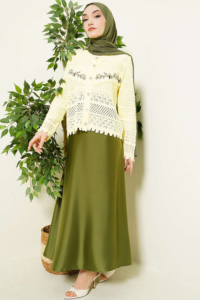 Leaf Embroidered Openwork Short Knit Cardigan Yellow - immagine 2