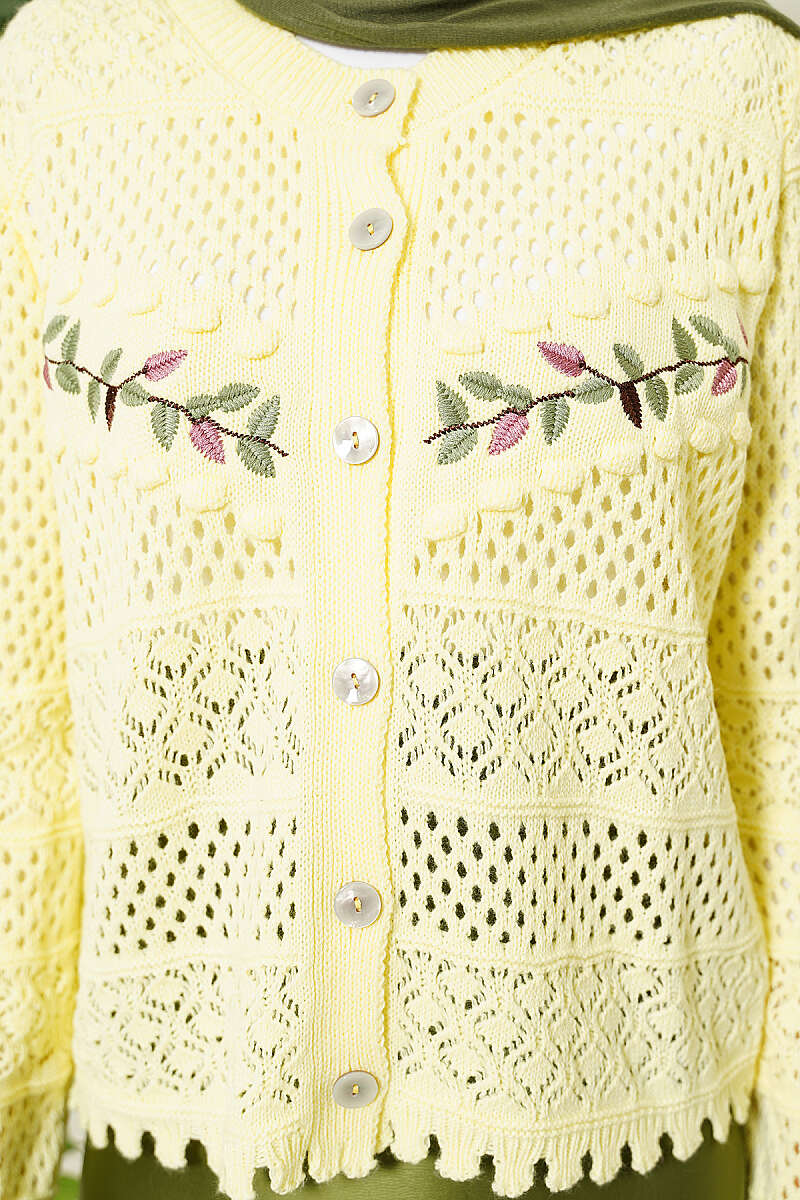 Leaf Embroidered Openwork Short Knit Cardigan Yellow - immagine 4
