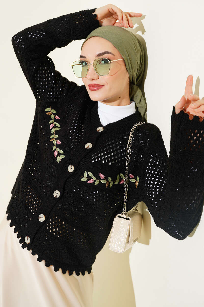Leaf Embroidered Openwork Short Knit Cardigan Black