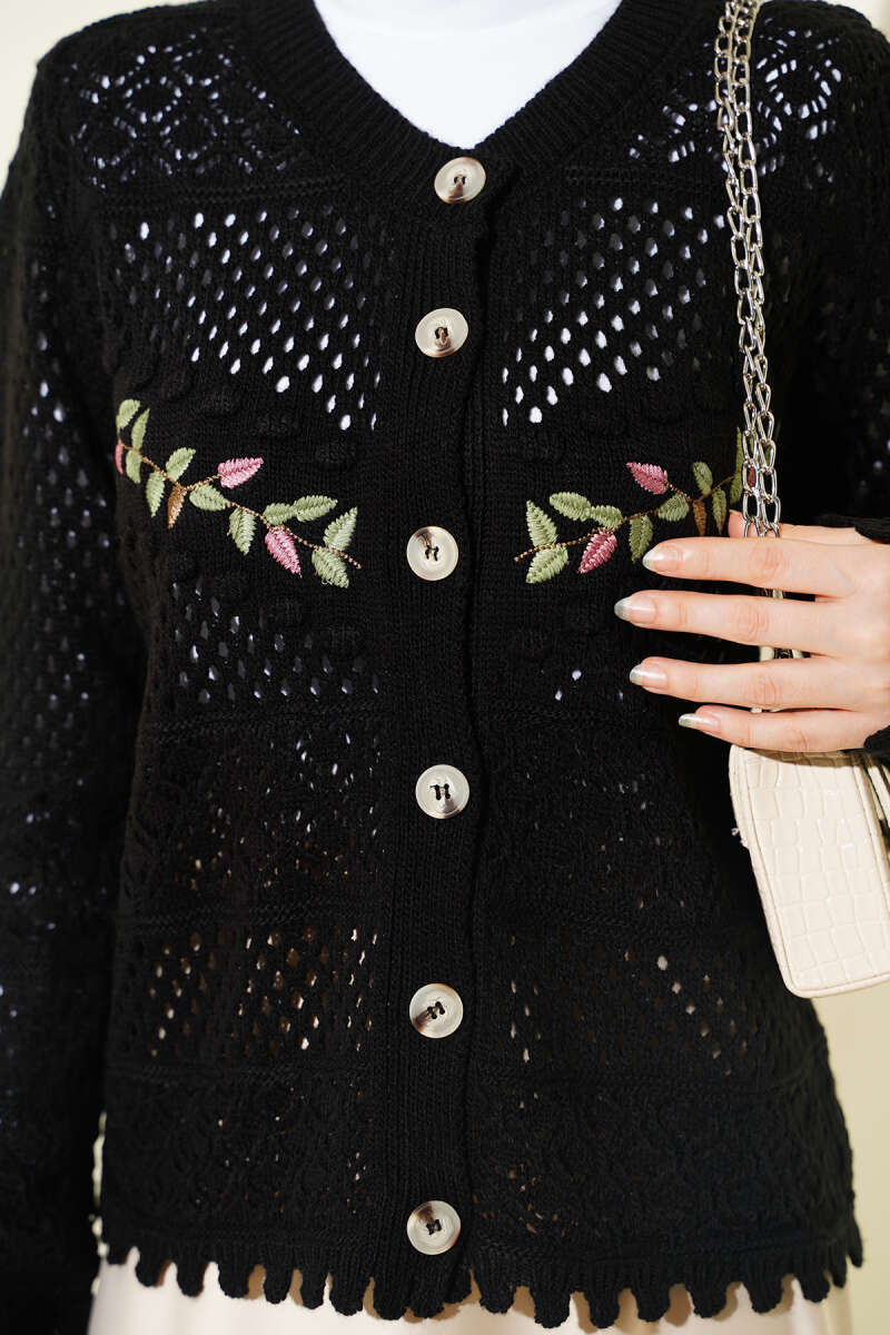 Leaf Embroidered Openwork Short Knit Cardigan Black – Image 4