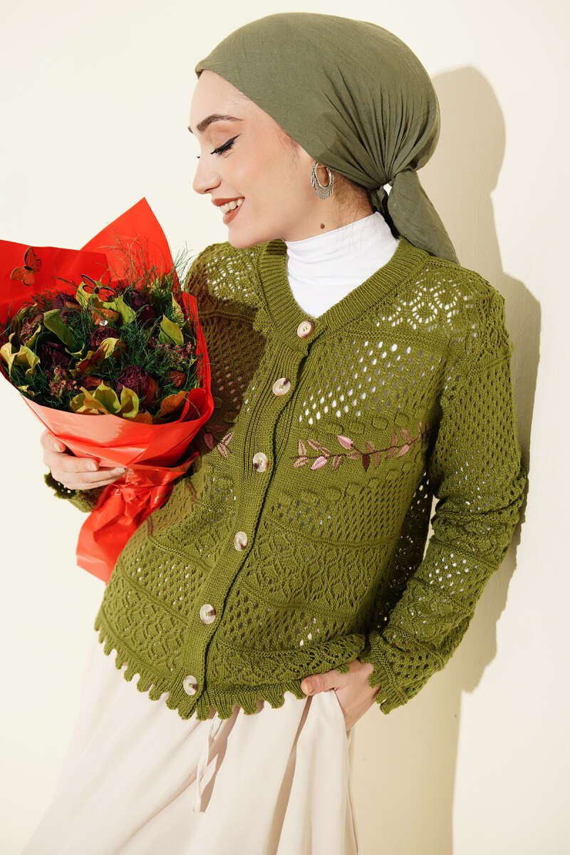 Leaf Embroidered Openwork Short Knit Cardigan Green
