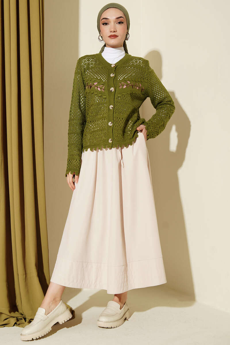 Leaf Embroidered Openwork Short Knit Cardigan Green – Bild 2