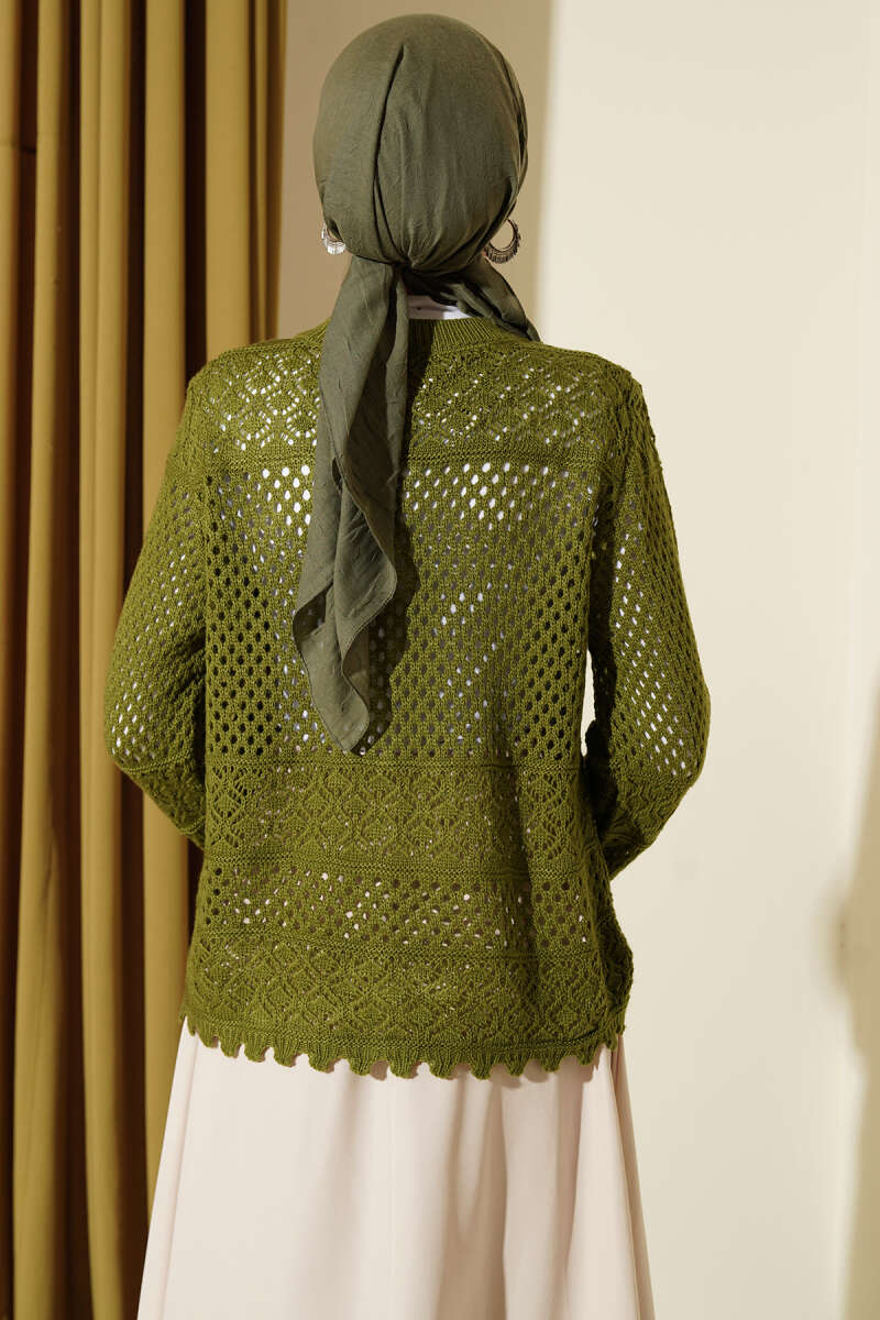 Leaf Embroidered Openwork Short Knit Cardigan Green – Bild 3