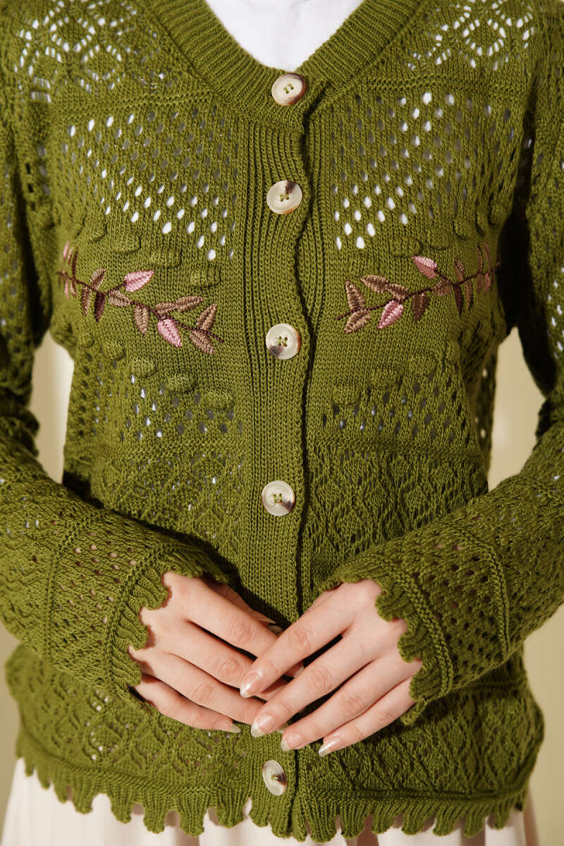 Leaf Embroidered Openwork Short Knit Cardigan Green – Bild 4