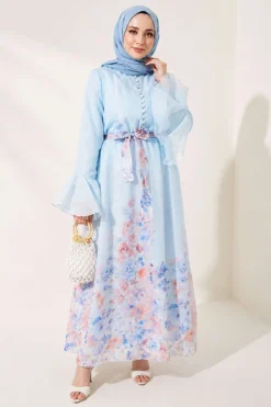Half Brit Button Floral Dress Blue