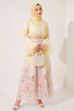 Half Brit Button Floral Dress Yellow