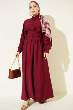 Half Buttoned Waist Tie Dress Burgundy