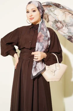 منظر بديل لـ Half Buttoned Waist Tie Dress Brown