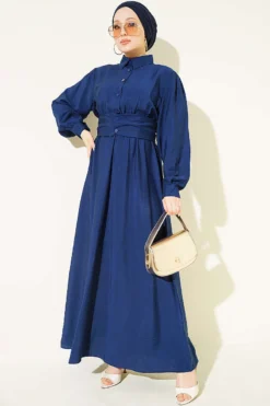 Half Buttoned Waist Tie Dress Navy Blue