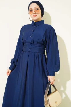 Alternatieve weergave van Half Buttoned Waist Tie Dress Navy Blue