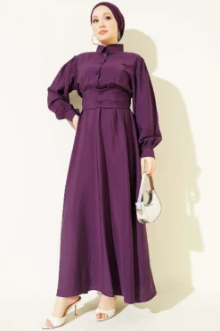 Half Buttoned Waist Tie Dress Plum