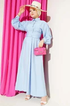 Half Buttoned Waist Tie Dress Blue
