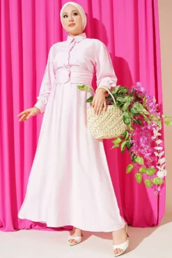Half Buttoned Waist Tie Dress Pink