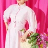 Half Buttoned Waist Tie Dress Pink - immagine 2