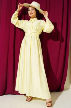 Half Buttoned Waist Tie Dress Yellow