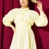 ⁦Half Buttoned Waist Tie Dress Yellow⁩ - الصورة ⁦2⁩