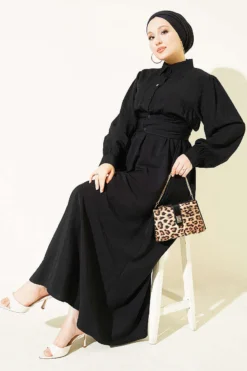Half Buttoned Waist Tie Dress Black