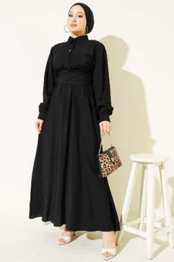 Alternatieve weergave van Half Buttoned Waist Tie Dress Black