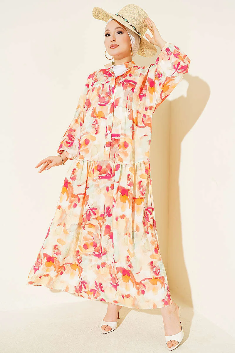 Half Buttoned Ankle Cuffed Dress Fuchsia