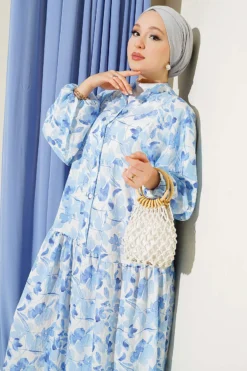 Alternative view of Half Button Brush Pattern Dress Blue