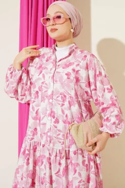 Alternative view of Half Button Brush Pattern Dress Pink