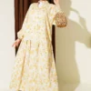 Half Button Brush Pattern Dress Yellow