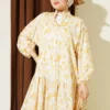 Half Button Brush Pattern Dress Yellow - Image 2