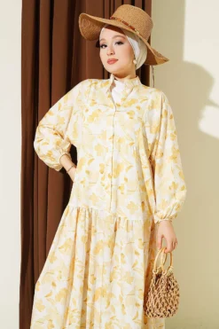 Alternative view of Half Button Brush Pattern Dress Yellow