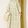 Half Button Brush Pattern Dress Green
