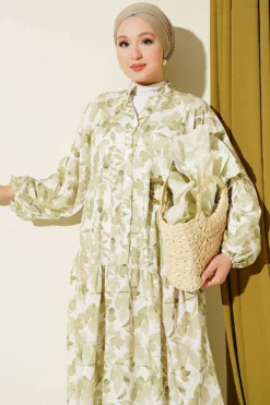 Alternative view of Half Button Brush Pattern Dress Green