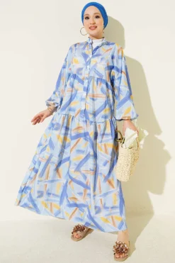 Half Button Brush Pattern Dress Blue