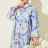 Half Button Brush Pattern Dress Blue - Imagen 2